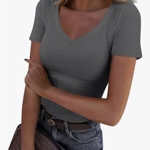 Gray V-Neck Ribbed Women's Top